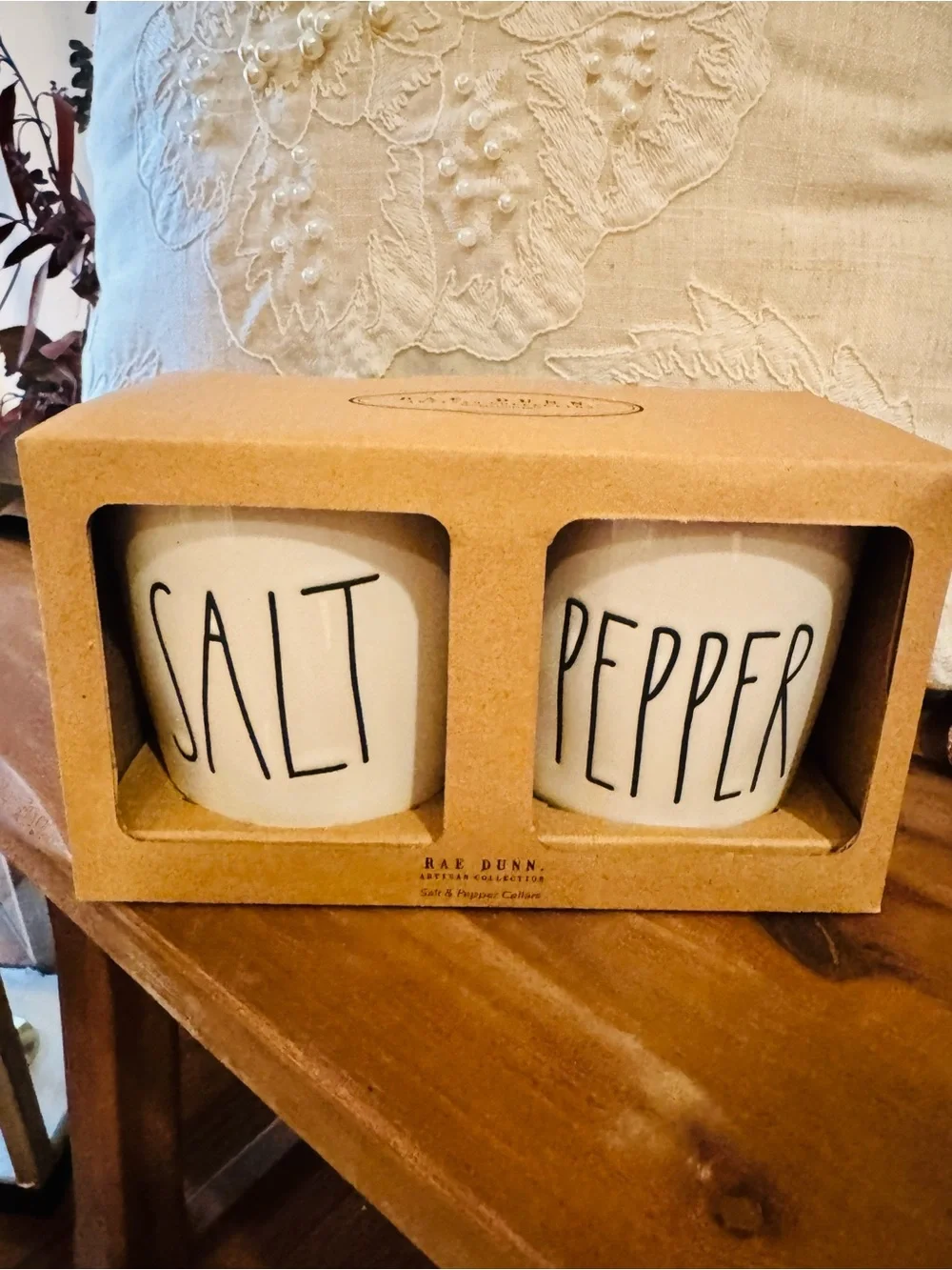 Rae Dunn Salt and Pepper Cellar Set with Wooden Lids, New in Box